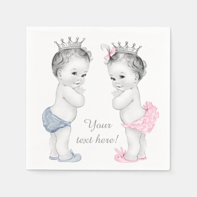 Prins- och prinsess-tvilling-baby shower pappersservett (Framsidan)