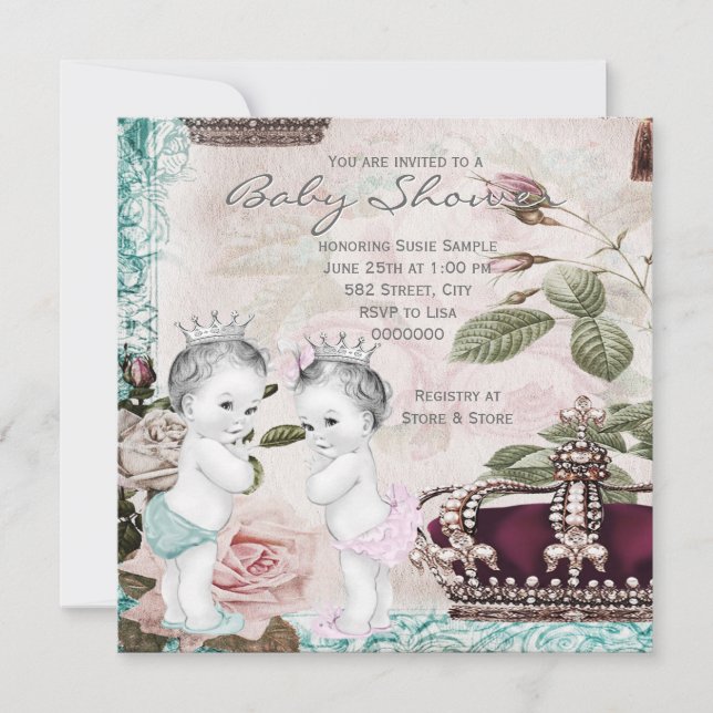 Prins- och prinsessintvilling baby shower inbjudningar (Framsida)