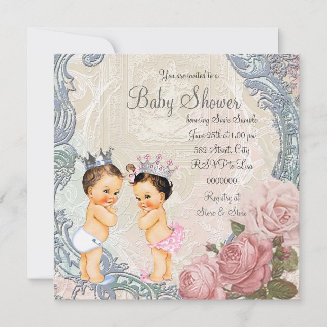 Prins- och prinsessintvilling baby shower inbjudningar (Framsida)