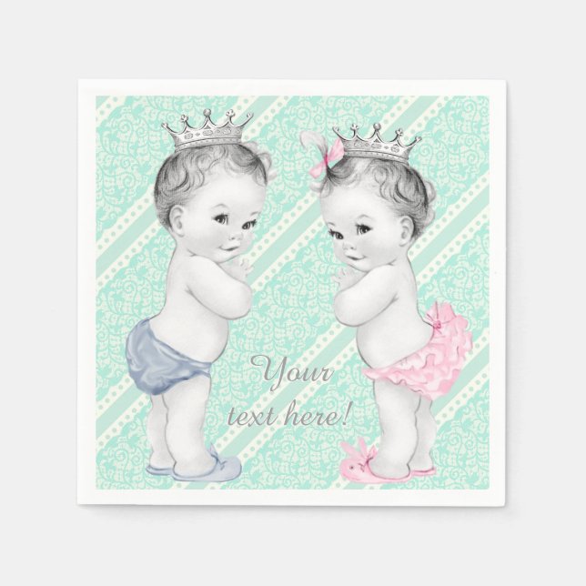 Prins- och prinsessintvilling baby shower pappersservett (Framsidan)