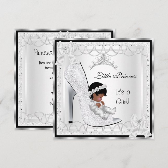 Prinsess Baby Shower Flicka Silver Vit Skor 3 Inbjudningar (Fram/baksida)