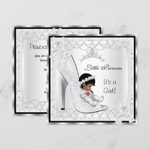 Prinsess Baby Shower Flicka Silver Vit Skor 3 Inbjudningar
