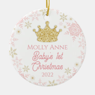 Prinsess Baby's 1:a jul Rosa & Guld Glitter Julgransprydnad Keramik