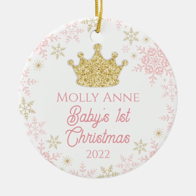 Prinsess Baby's 1:a jul Rosa & Guld Glitter Julgransprydnad Keramik (Framsidan)