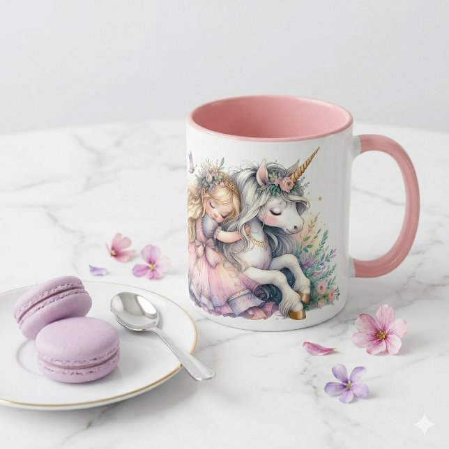 Prinsess Enhörning Pastell Sagoberättande Fantasi Mugg (Princess Unicorn Pastel Fairytale Fantasy Mug On Counter With Macaroons)