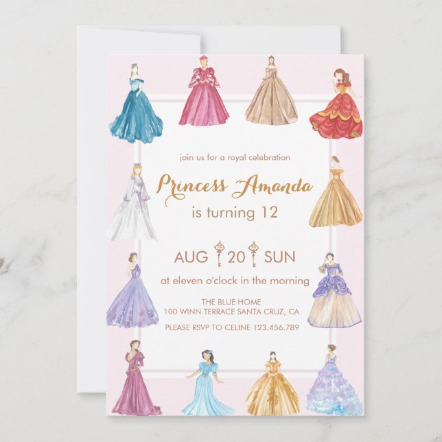 Prinsess födelsedagsfest inbjudningar (Framsida)