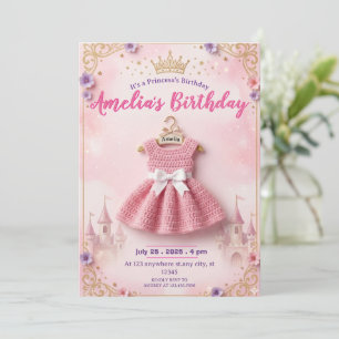 Prinsess födelsedagsinbjudan med virkad klänning inbjudningar