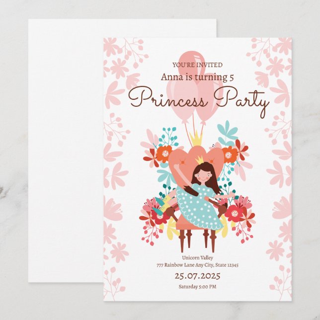 Prinsess födelsedagsinbjudan, Redigerbar prinsessa Inbjudningar (Fram/baksida)