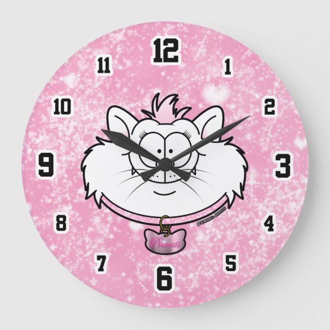 Prinsess Kitty Rosa Glitter Snurriga Grafik Stor Klocka (Framsida)