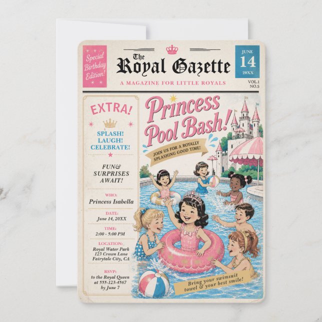 Prinsess Pool Bash Redaktionell Inbjudan (Framsida)