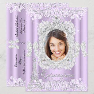 Prinsess Quinceanera Lila Spets Foto Stor Inbjudningar