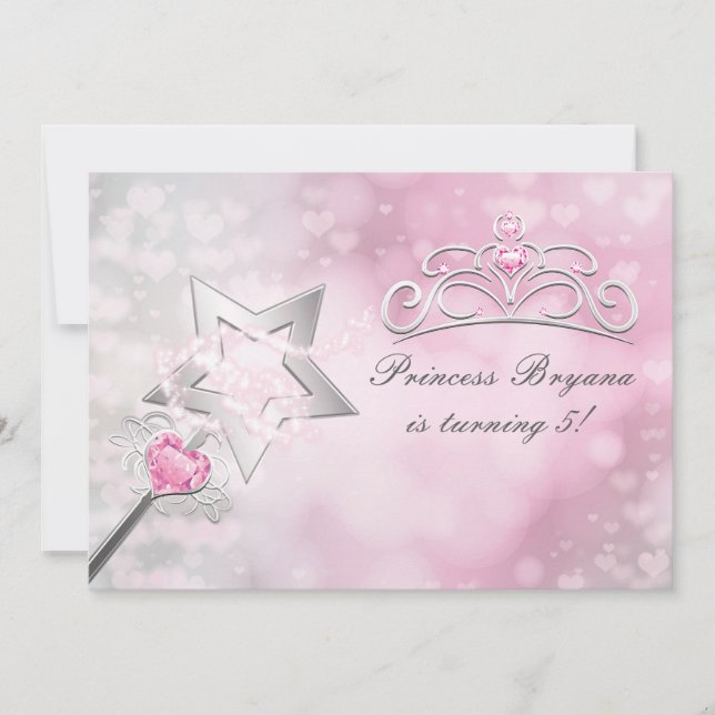 Prinsess-stav & krona silver rosa festinladning inbjudningar (Framsida)