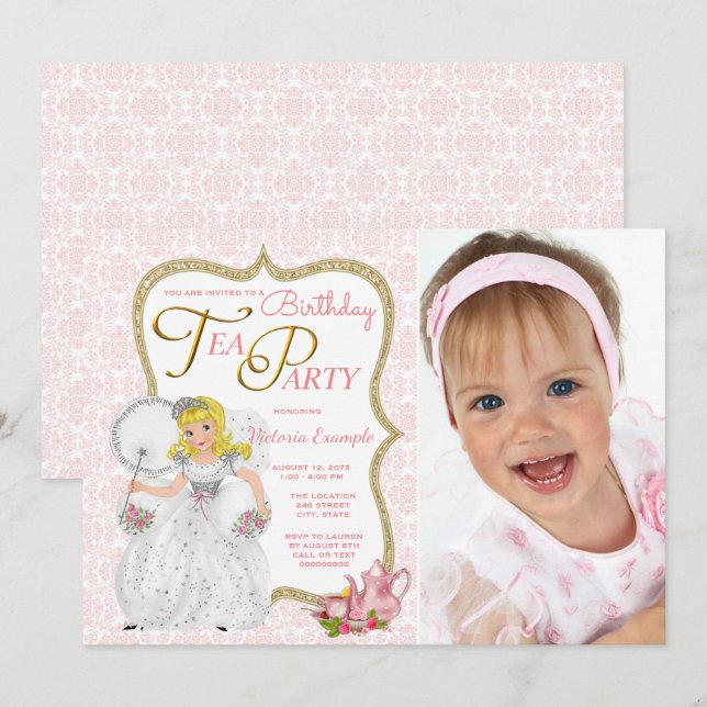Prinsess Tea Party Födelsedagsfest Inbjudningar (Fram/baksida)
