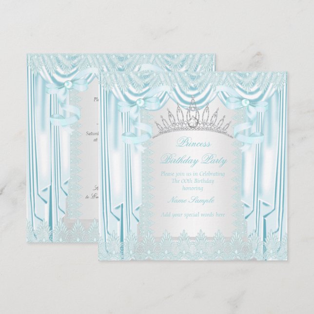 Prinsess Teal Lace Tiara Vit Födelsedagsfest Inbjudningar (Fram/baksida)