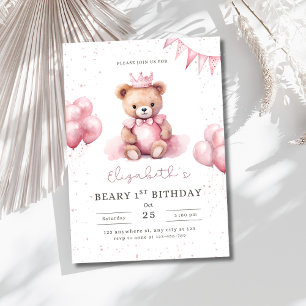 Prinsess Teddybjörn Beary 1-årsdag Rosa Flickor Inbjudan