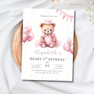 Prinsess Teddybjörn Beary 1-årsdag Rosa Flickor Inbjudningar