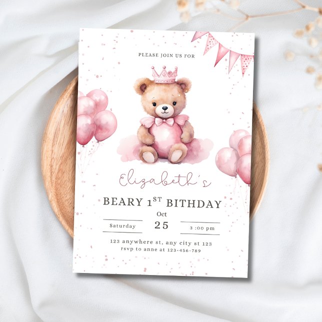 Prinsess Teddybjörn Beary 1-årsdag Rosa Flickor Inbjudningar (Skapare uppladdad)