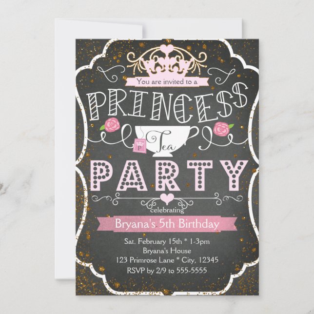 PRINSESS TEPARTY Födelsedags Glitter Inbjudningar (Framsida)