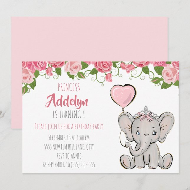 Prinsess Tiara Elefant Rosa Blommig 1-årsdag Inbjudningar (Fram/baksida)