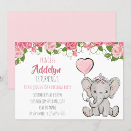 Prinsess Tiara Elefant Rosa Blommig 1-årsdag Inbjudningar