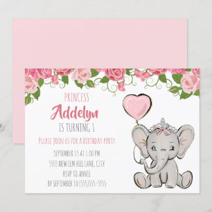 Prinsess Tiara Elefant Rosa Blommig 1-årsdag Inbjudningar