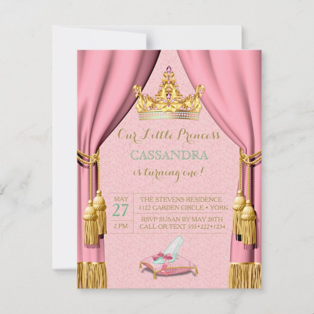 Prinsess Tiara Glas Slipper Kudde Rosa Gardiner Inbjudningar (Framsida)