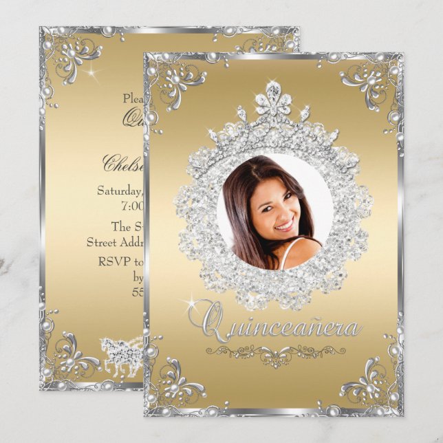Prinsess Tiara Guld Silver Glitter Quinceanera Inbjudningar (Fram/baksida)