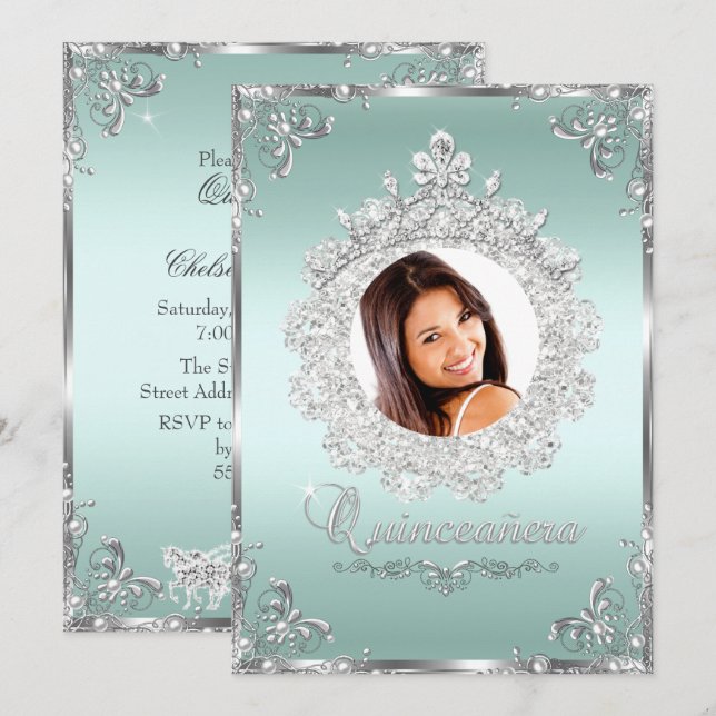 Prinsess Tiara Mint Silver Glitter Quinceanera Inbjudningar (Fram/baksida)