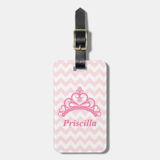 Prinsess Tiara, Rosa och Vit Chevron, för Flickor Bagagebricka (Vertikal Framsida)