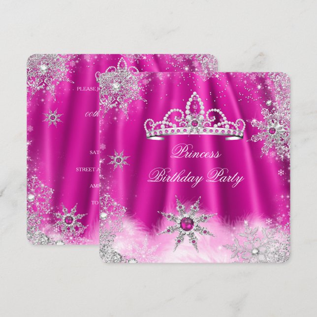 Prinsess Tiara Rosa Snöflinga Födelsedagsfest Inbjudningar (Fram/baksida)