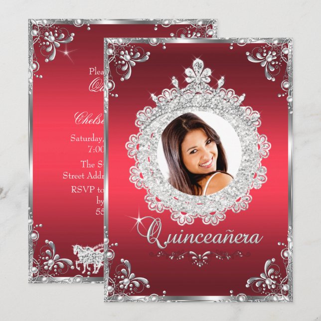 Prinsess Tiara Ruby Röd Glitter Quinceanera Inbjudningar (Fram/baksida)