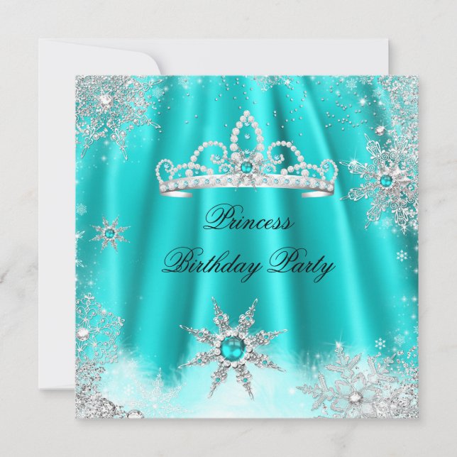 Prinsess Tiara Tealblå Snöflinga Födelsedagsfest Inbjudningar (Framsida)