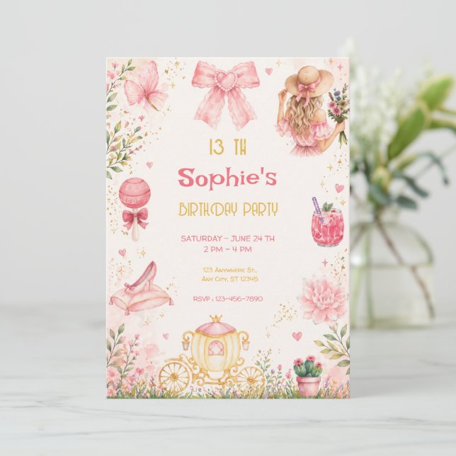 Prinsess Trädgård Födelsedag Rosa Blommig Fjäril Inbjudningar (Stående Fram)