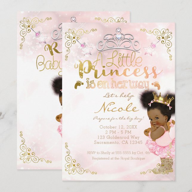 Prinsess Tutu & Guld Krona Etnisk Babyflicka Showe Inbjudningar (Fram/baksida)