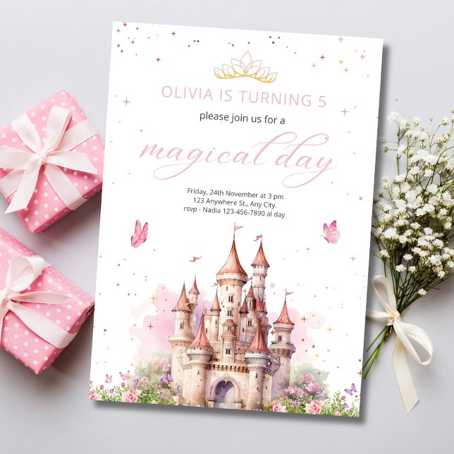 Prinsessa 1-års födelsedag Rosa Kungligt Slott Sag Inbjudningar (Skapare uppladdad)