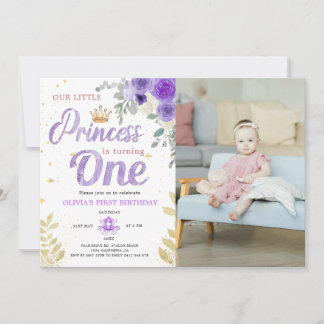 Prinsessa 1-års födelsedagsfoto Kronan Lila Violet Inbjudningar