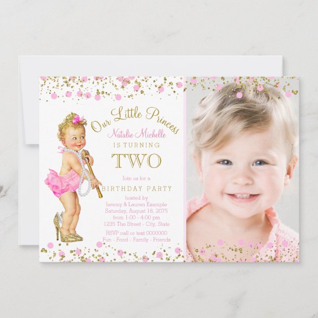 Prinsessa 2-års födelsedags rosa guld foto inbjuda inbjudningar (Framsida)