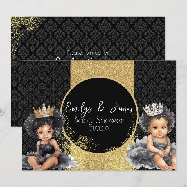 Prinsessa Baby Gold Svart Baby Tvillingar Dopp  Inbjudningar (Fram/baksida)