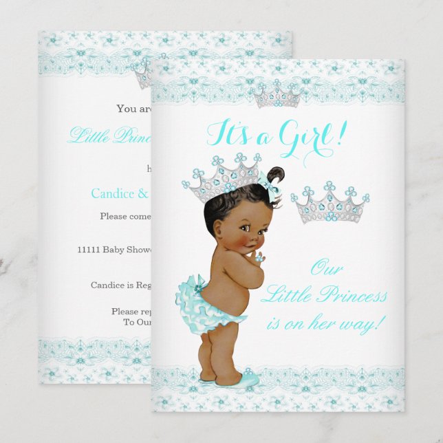 Prinsessa Baby Shower Aqua Vit Tiara Etnisk Inbjudningar (Fram/baksida)