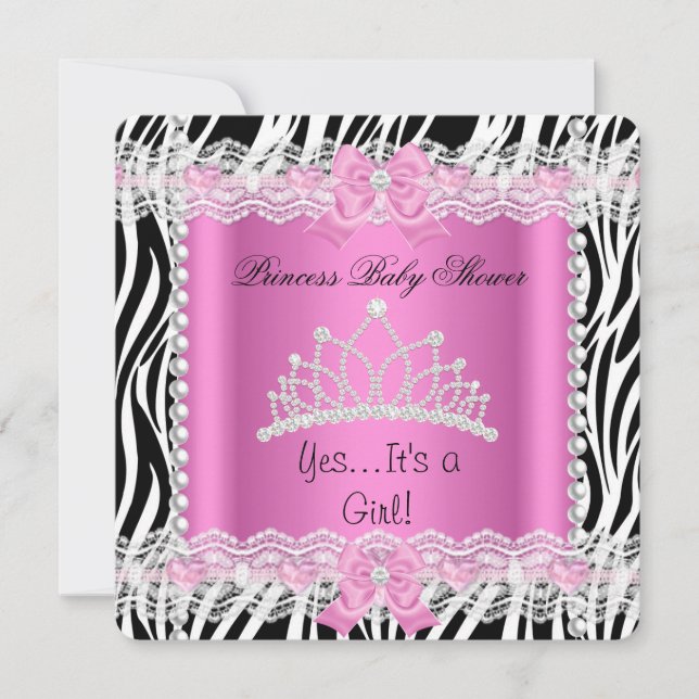 Prinsessa Baby Shower Baby Flicka Rosa Zebra 2 Inbjudningar (Framsida)