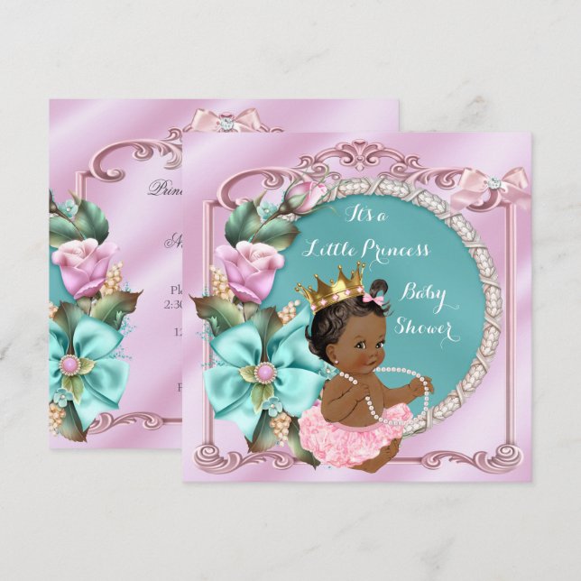 Prinsessa Baby Shower Blommig Teal Rosa Etnisk Inbjudningar (Fram/baksida)