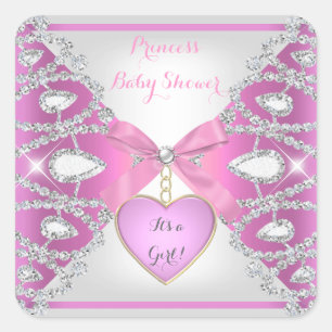 Prinsessa Baby Shower Diamanter Babyflicka Rosa Fyrkantigt Klistermärke