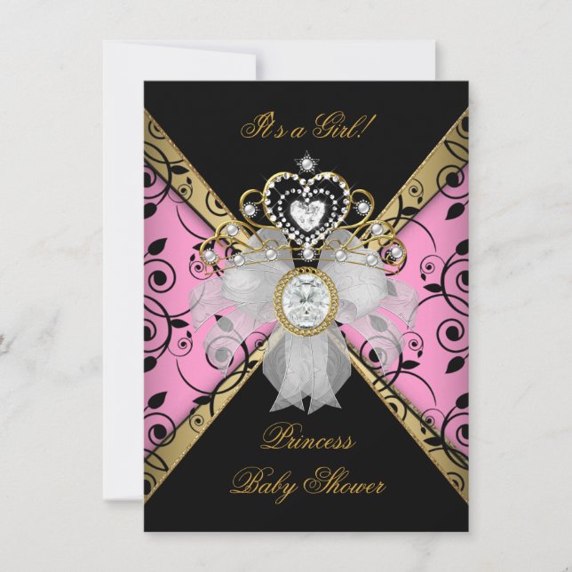 Prinsessa Baby Shower Flick Damask Svart Rosa Inbjudningar (Framsida)