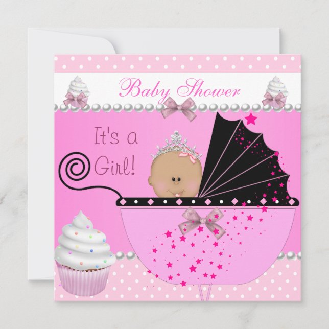 Prinsessa Baby Shower Flick Pink Cupcake Strössel Inbjudningar (Framsida)