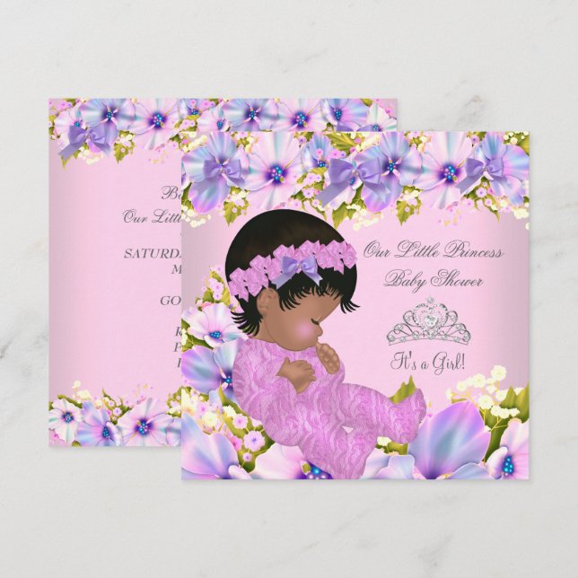 Prinsessa Baby Shower Flicka blommande Rosa Lila Inbjudningar (Fram/baksida)