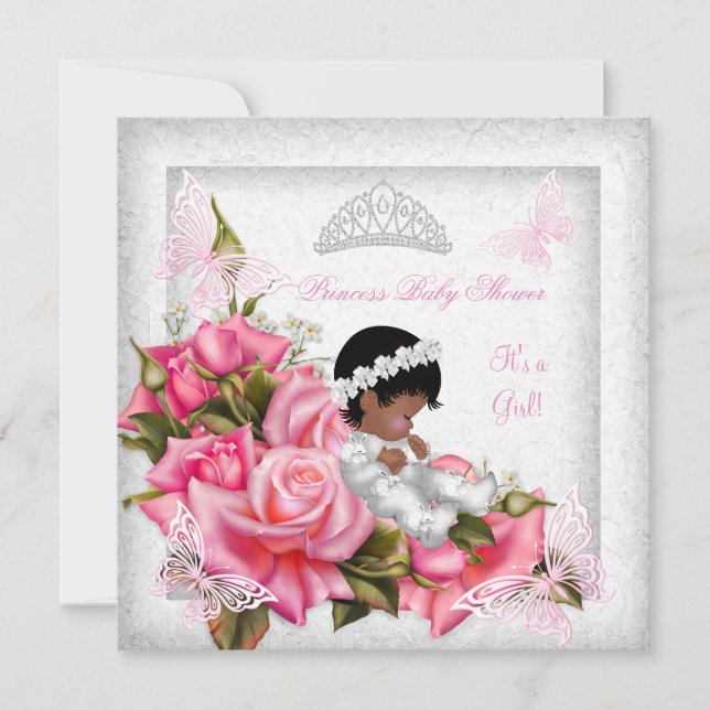 Prinsessa Baby Shower Flicka Fjäril Rosa Ros 3 Inbjudningar (Framsida)