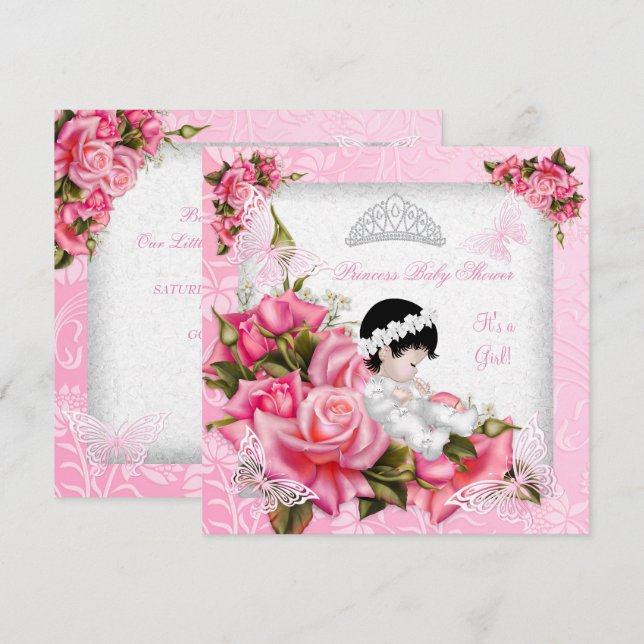 Prinsessa Baby Shower Flicka Fjäril Rosa Ros Inbjudningar (Fram/baksida)