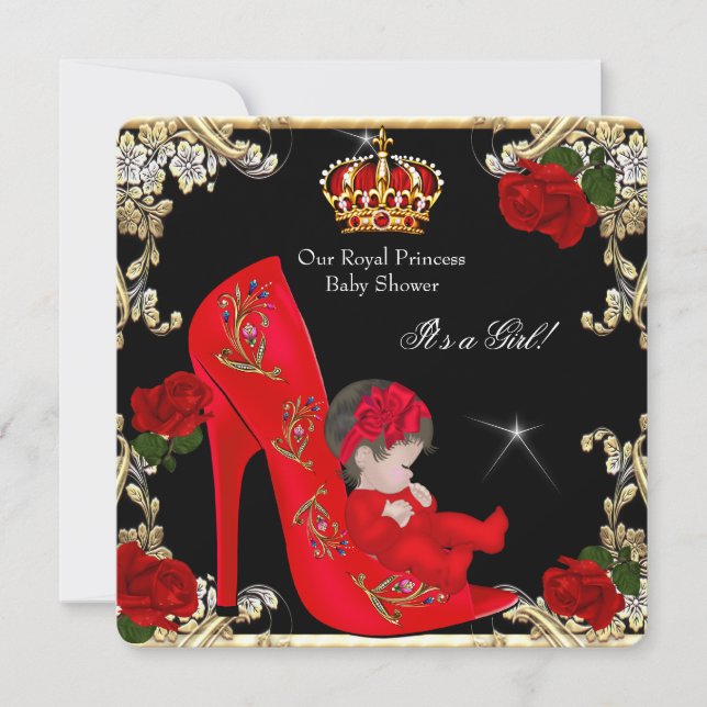 Prinsessa Baby Shower Flicka Guld Röd Ros Skor 4a Inbjudningar (Framsida)