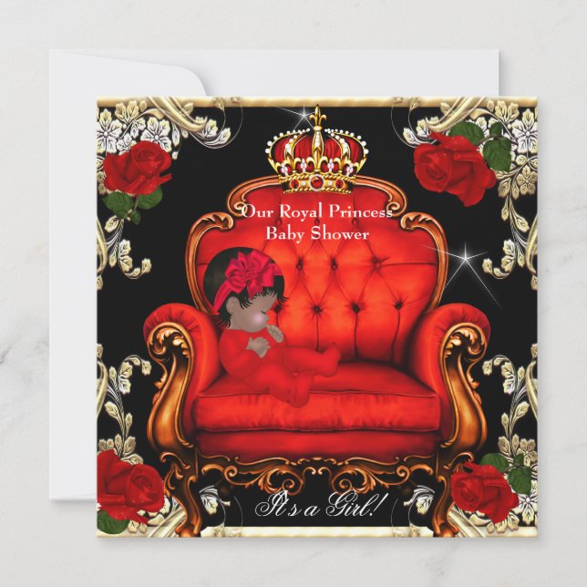 Prinsessa Baby Shower Flicka Guld Röd Ros Stol 3 Inbjudningar (Framsida)