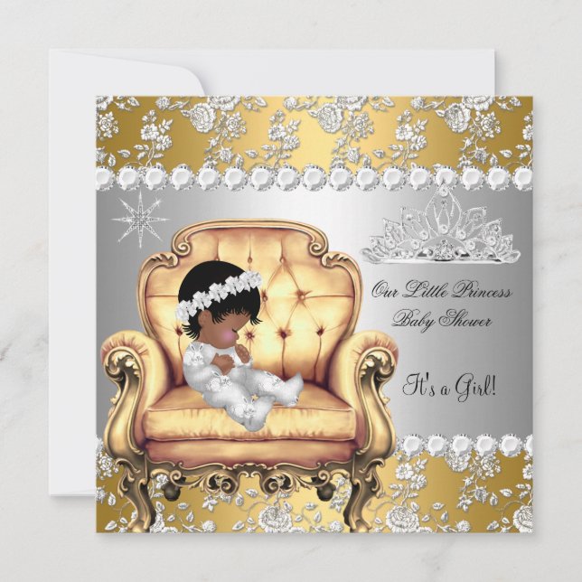 Prinsessa Baby Shower Flicka Guld Silver Blommig S Inbjudningar (Framsida)